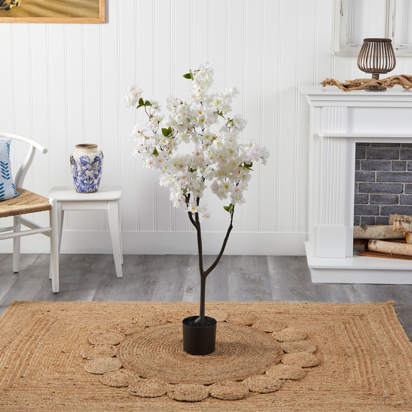 Faux Cherry Blossom Tree in Planter, White, 48" H x 23" W x 6" D