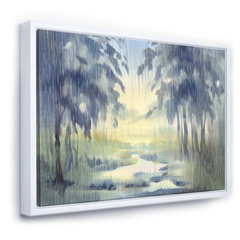 «RaIn Falling Down in Green Lit Forest I», reproduction d'art sur toile, H 36 po x l 46 po x P 1,5 po, Toile avec cadre blanc