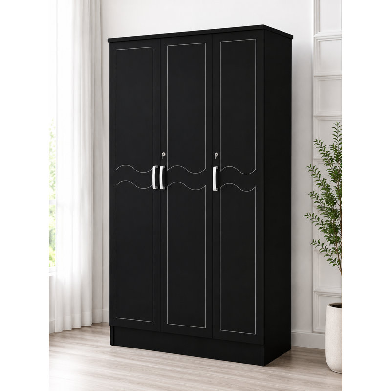 Garde-robe 3 portes avec tringle, tablettes et rangement, Noir