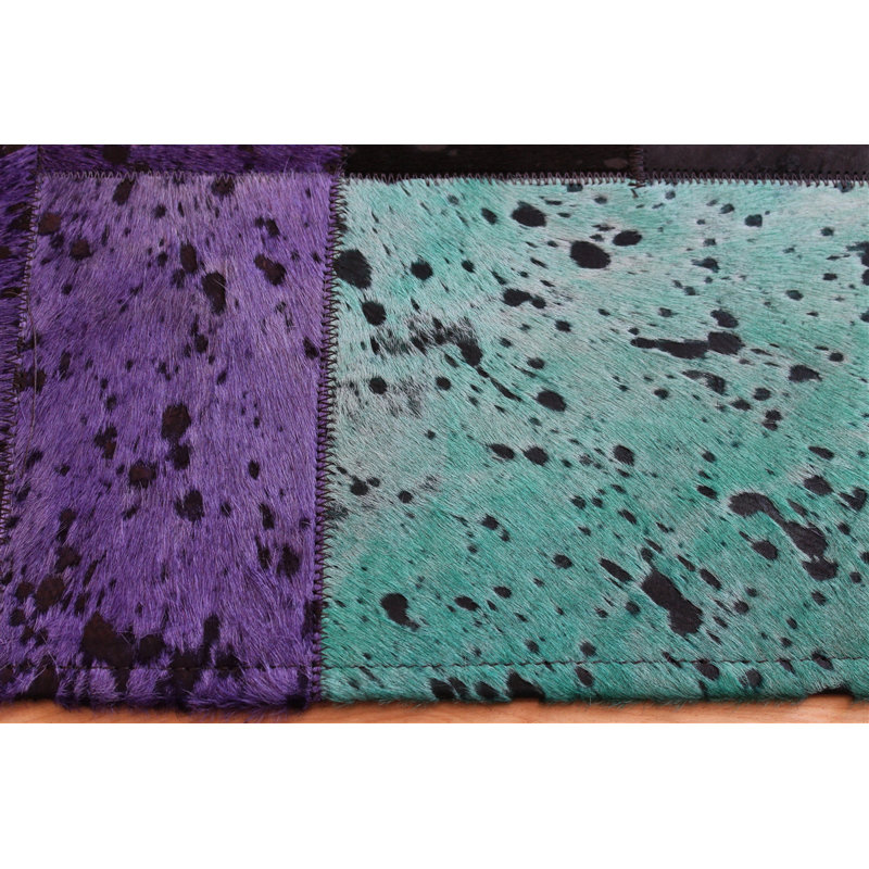 Area Cowhide Patchwork Area Rug in Black/Red/Blue, Rectangle 4' x 6'
