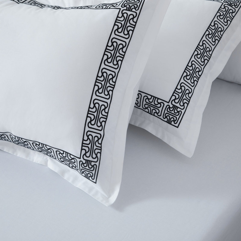 Cotton Percale Geo Embroidery Duvet Cover Set, Queen Duvet Cover + 2 Shams, Black