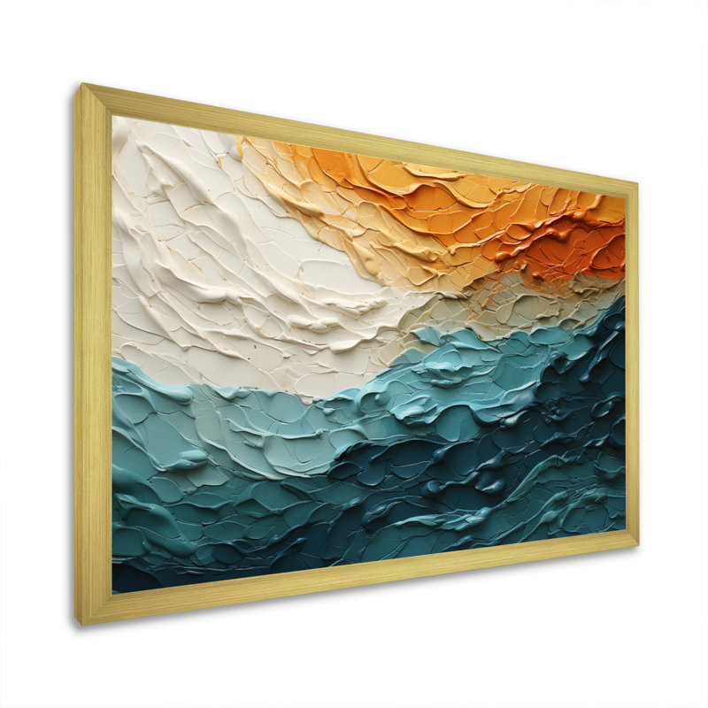 Collage bleu sarcelle orange océan Essence, Cadre doré simple, H 30 po x l 40 po x P 1,5 po
