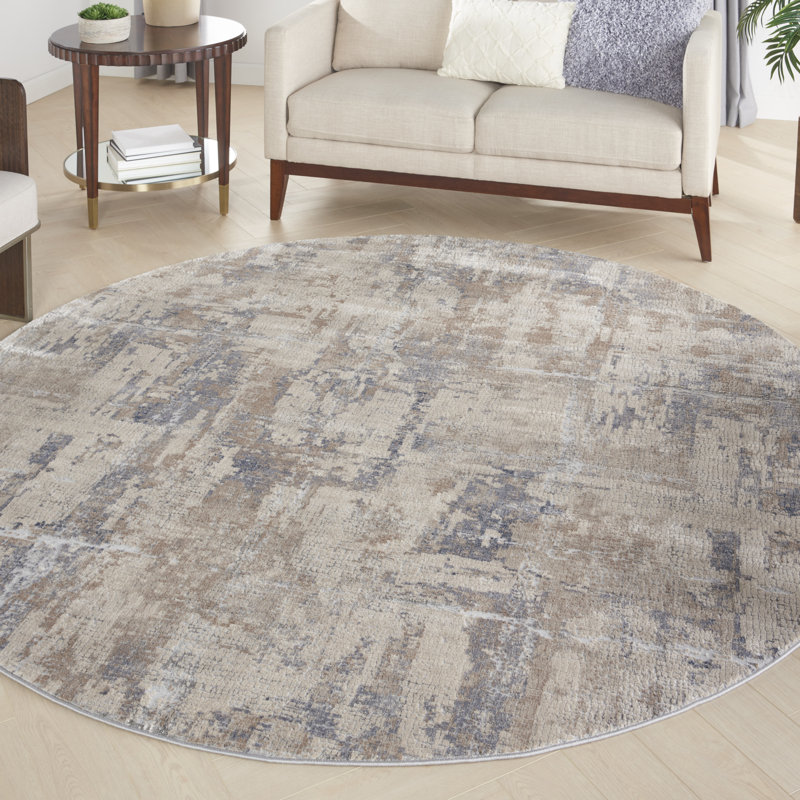 Tapis abstrait beige / gris tissé à la machine, Rond 5 pi 3 po