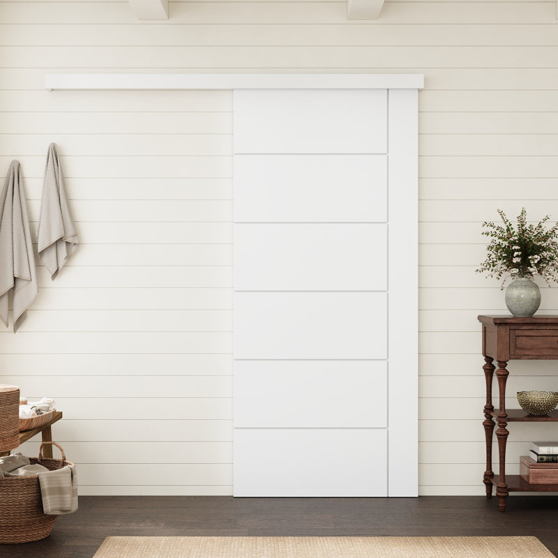 Porte intérieure standard à panneaux plats 6 panneaux 36 po x 80 po, style moderne, en bois massif apprêté blanc, avec ensemble de quincaillerie à rail caché