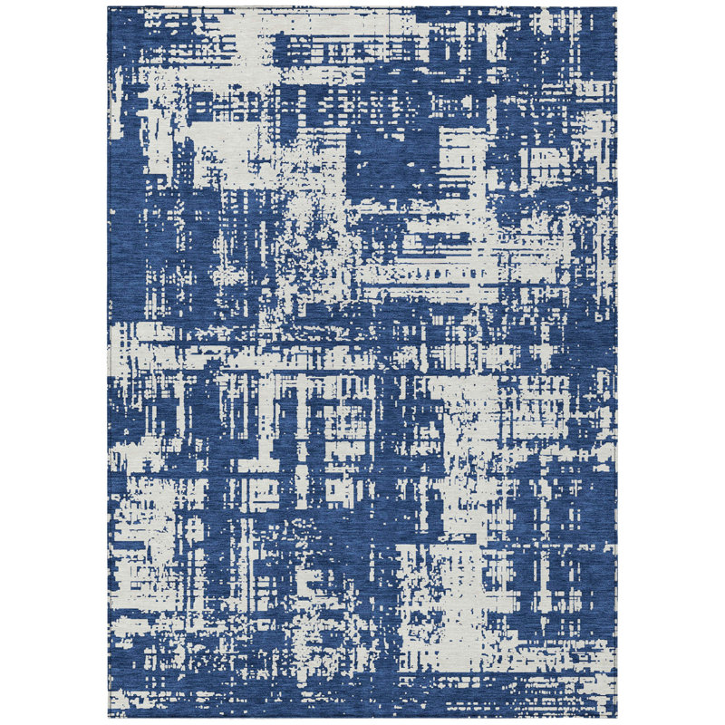 Tapis extérieur lavable abstrait bleu marine et ivoire 3 pi x 5 pi