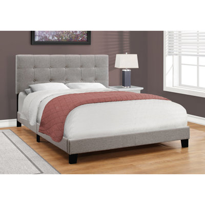Upholstered Queen Bed In Grey, Enhancing Bedroom's Visual Appeal Grey Linen-like Bed, Bedroom Ambiance