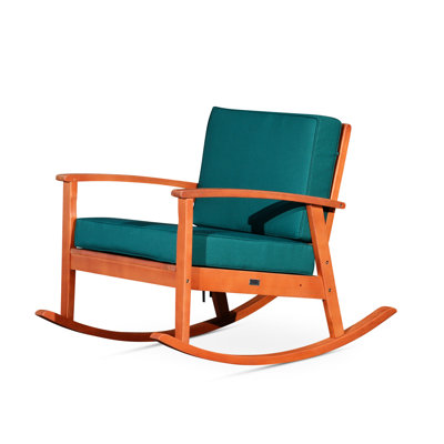 Chaise berçante en eucalyptus naturel huilé avec coussins foncés et coussins de chaise berçante pour des moments de détente