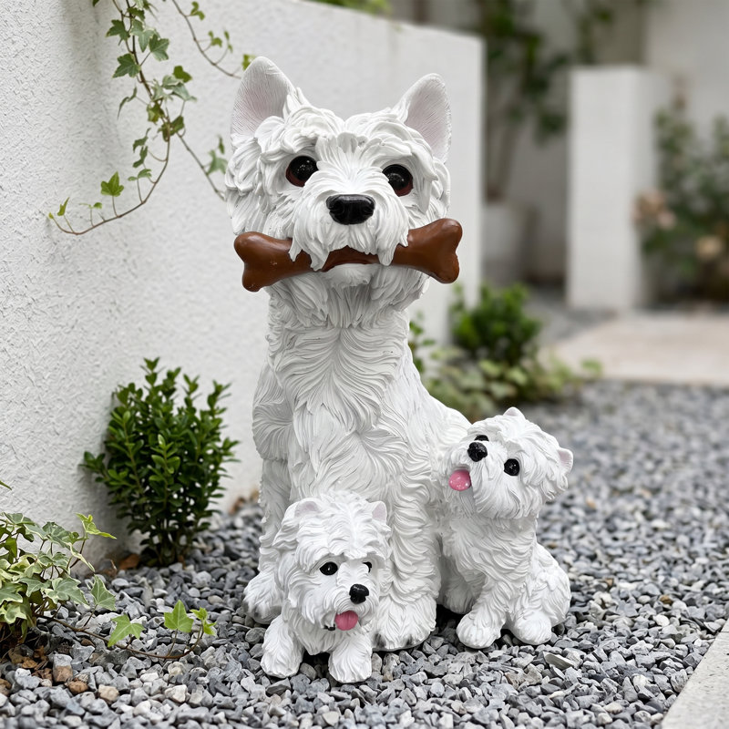 Trois statues en résine West Highland White Terrier - sculptures de chien de jardin en plein air, décorations de pelouse et ornements.
