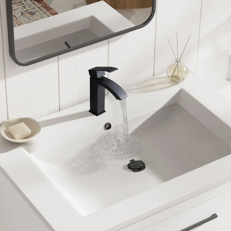 Robinet de salle de bain cascade pour lavabo monotrou, bonde escamotable avec trop-plein, poignée simple, Noir mat