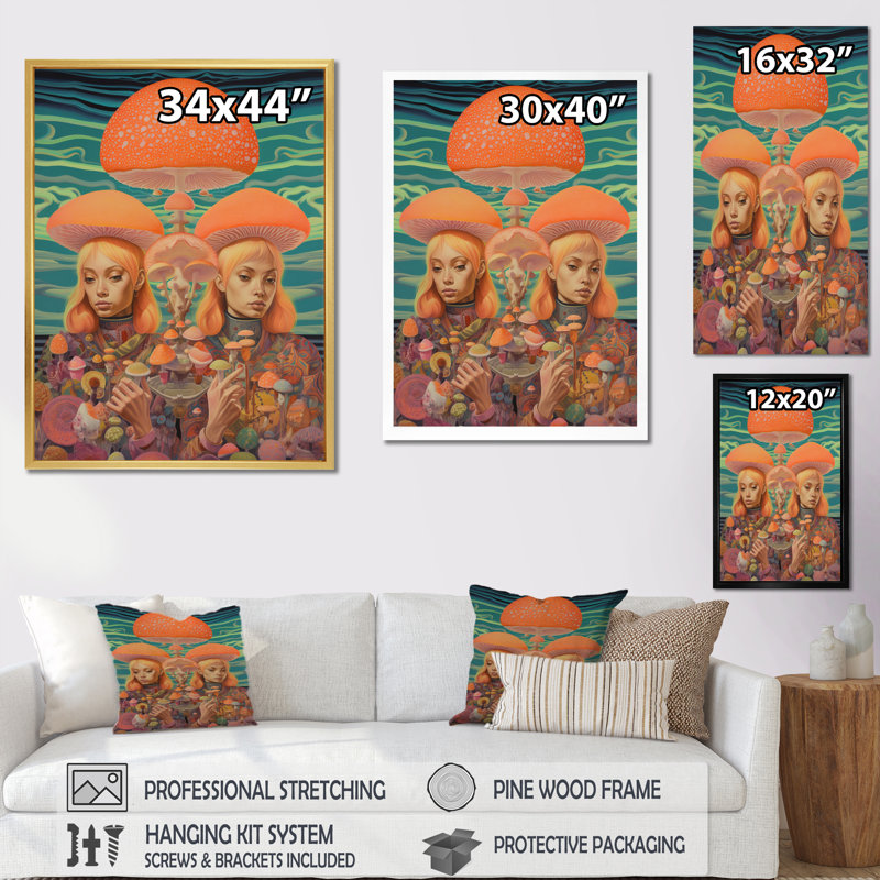 Femme champignon aux couleurs rétro délavées I, H 20 po x l 12 po x P 1 po, Cadre flottant blanc
