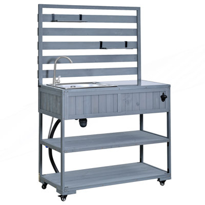 Grand îlot de cuisine sur roulettes, chariot de cuisine avec évier, banc de rempotage avec plateau en acier inoxydable