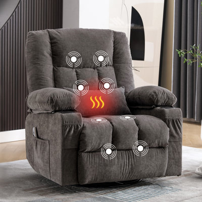 Fauteuil inclinable et berçant pivotant à 360 ° BINBANK, massage par vibration et chaleur avec poche latérale, 2 porte-gobelets et port de charge USB pour le salon