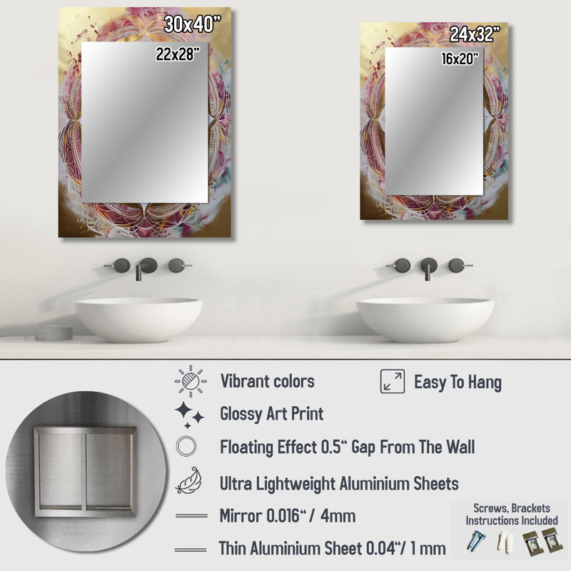 Rose doré Mandala II - miroir décoratif Boho Mandala, miroir mural traditionnel, impression d'art en métal, 40 po x 30 po