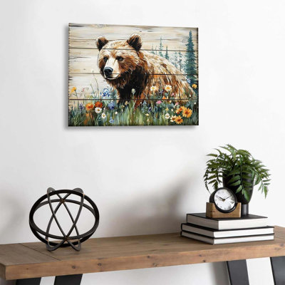 Rustic Bear Wall Art Brown Bear Wall Decor Farmhouse Forest Animal Wall Decor Kids Room Animal Artwork Wildflowers Nature Scenery Canvas Painting For Living Room Bedroom Office Canvas