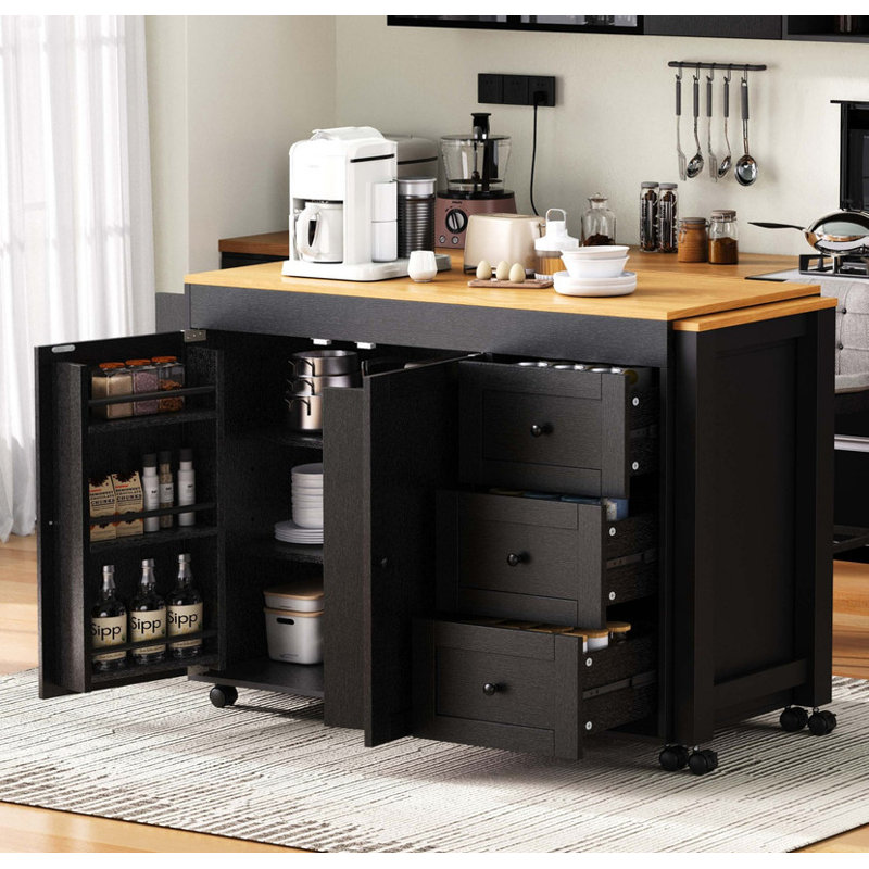 Îlot de cuisine avec rangement et table de salle à manger extensible Arlonda, Noir