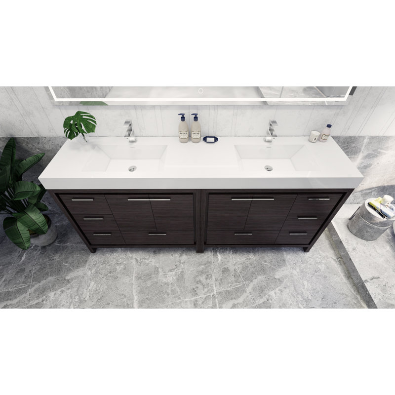 Marche 83.4'' Double Bathroom Vanity with Acrylic Top, Dark Gray Oak, Chrome