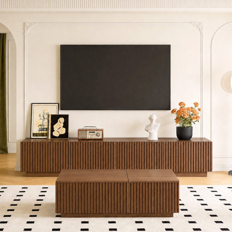 220cm Wide TV Stand in Walnut, Featuring Integrated Cable Management and Ample Shelf Storage