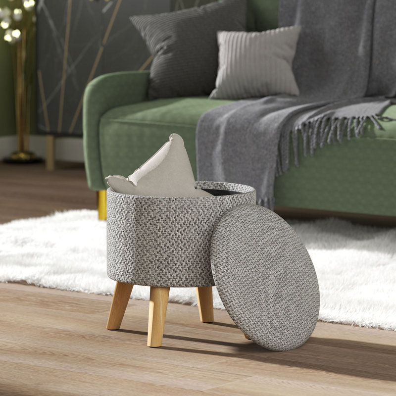 Round Storage Ottoman, Linen Fabric Foot Stool with Removable Top, Padded Seat, Small Foot Rest with Hidden Space and Wooden Legs for Living Room