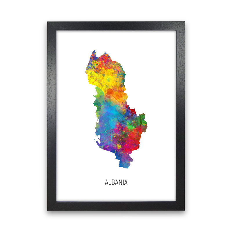 Albania Watercolour Map by Michael Tompsett - Print, Black Framed, 46cm H x 34cm W x 3cm D