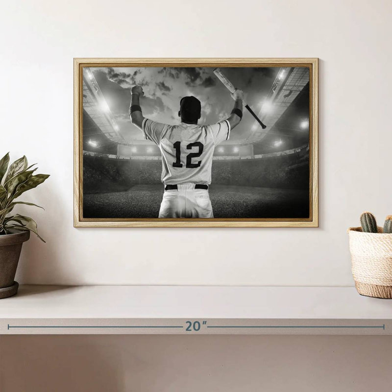 Joueur de baseball, Cadre flottant en bois naturel, 13 po x 9 po