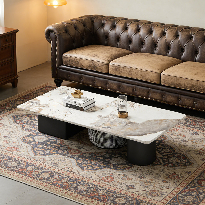 Modern Rectangle Slate Coffee Table with 2 Drawers, White/Gray, 13.77" H x 55.11" L x 27.55" W