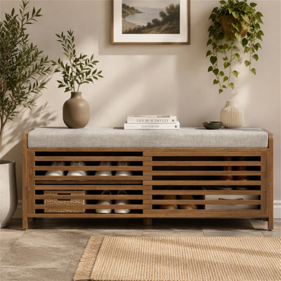 Banc à chaussures TREXM avec rangement et coussin, style volet vieilli, charme rétro pour salon ou entrée.