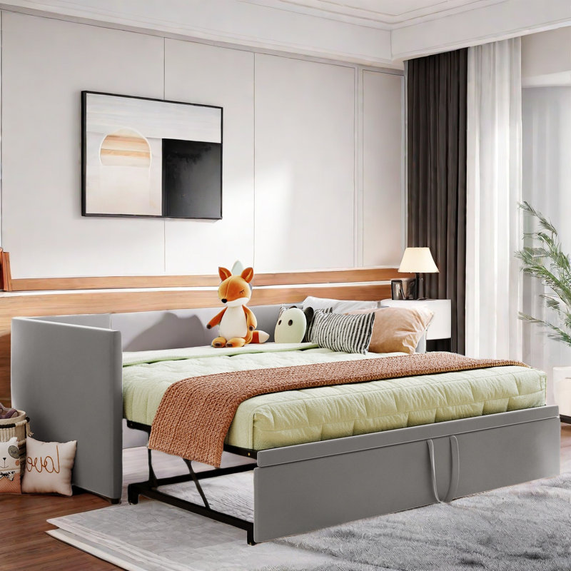Upholstered Daybed With Pop Up Trundle, Gray