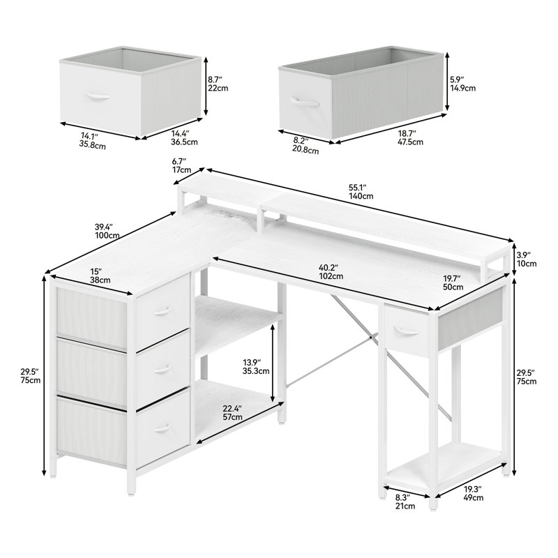 L-Shaped Computer Desk With 4 Drawers, Gaming Desk With Power Outlet And Monitor Stand, Corner Desk, White/White