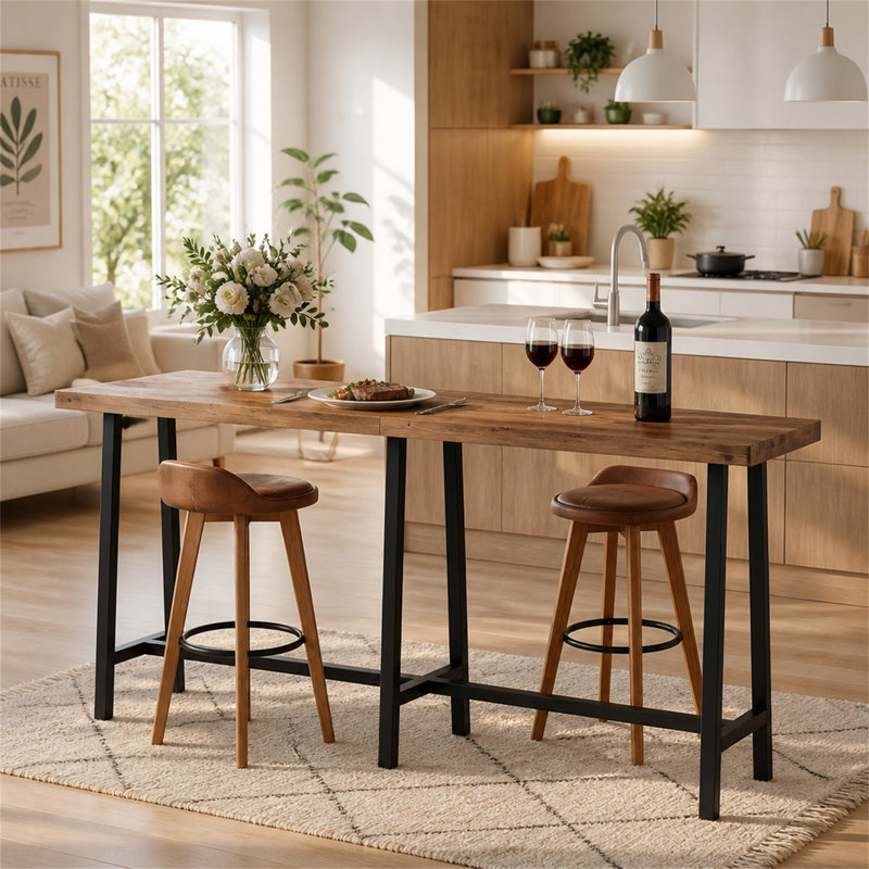 86" Extra Long Industrial Bar Table, Counter Height Solid Wood Pub Table, Narrow High Top