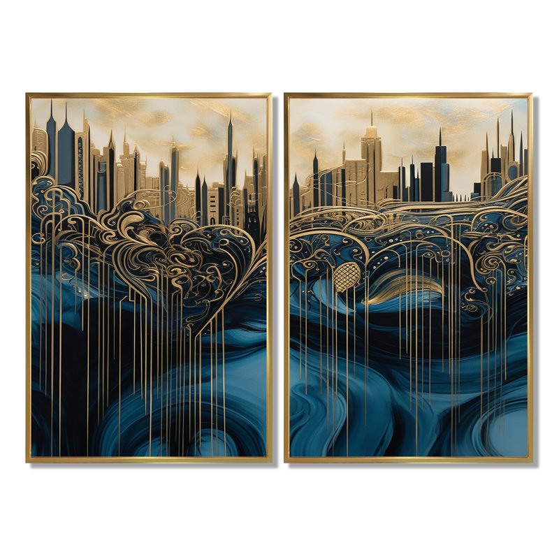 Or et bleu, élégance urbaine I - art urbain déco urbain, 36'' H x 48'' W, Impression encadrée flottante, Gold