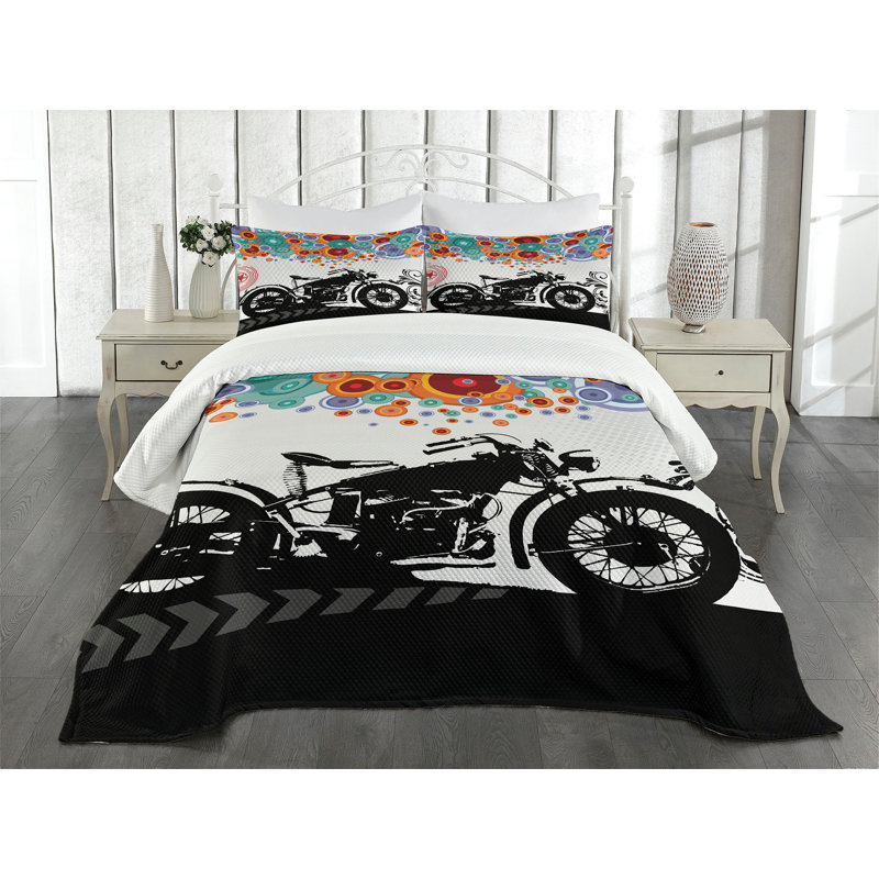 King White Quilted Bedspread Set with Motorcycle Print
