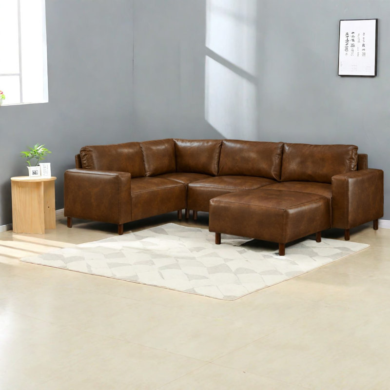 Modern Modular Sectionals, Brown PU Leather 4 Seat 5 Piece, Contemporary Home