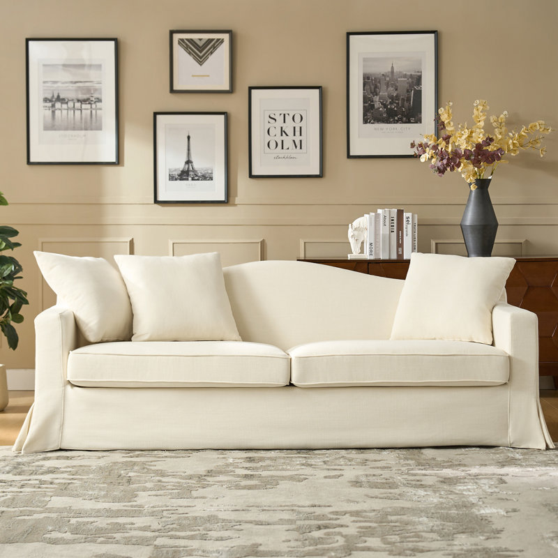 Wimberly Transitional 83" Curved Back Slipcovered Sofa With Toss Pillows, Linen