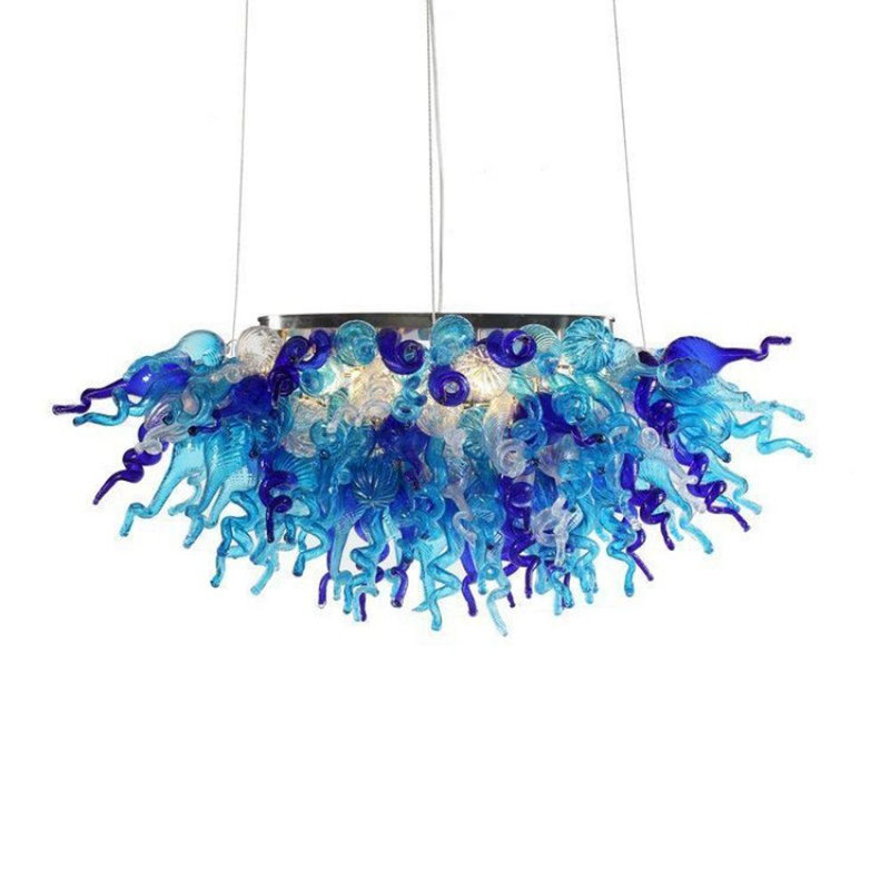Lustre en verre Angel System, Laiton brossé, H 16 po x l 22 po x P 22 po, Bleu / bleu turquoise / blanc