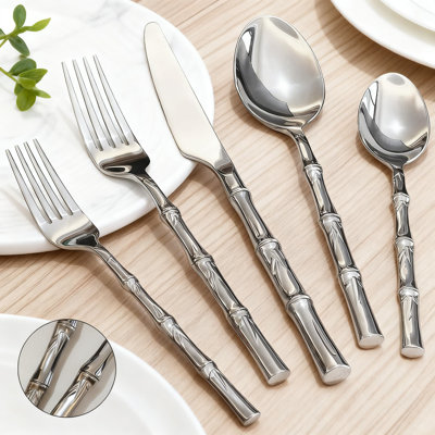 20-Piece Silverware Set With Bamboo Handle, Stainless Steel Flatware Set Service For 4, Modern Cutlery Set With Mirror Finish, Dishwasher Safe