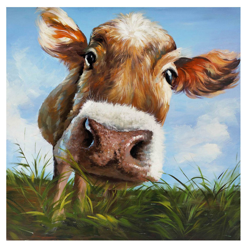 'Hello' Rustic Cow Wall Art Unframed Canvas Painting