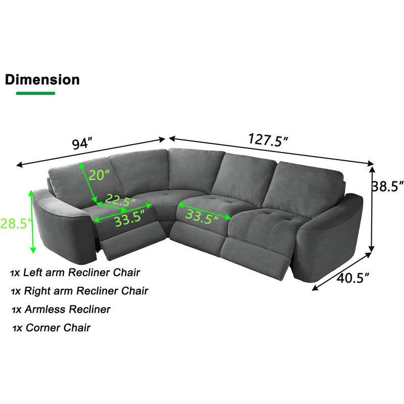 Upholstered Power Motion Modular 4-Piece 3-Recliner L-Sectional, Dark Gray Polyester