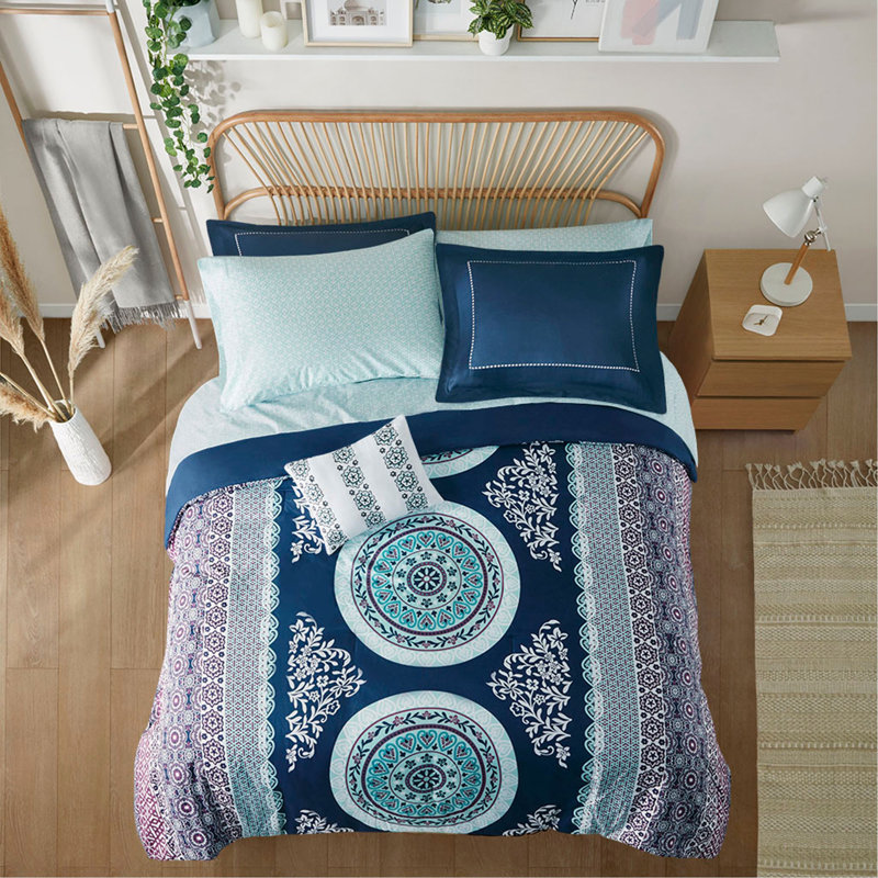 Boho Comforter Set with Bed Sheets, Twin Comforter + 6 Additional Pieces, Navy Abstract