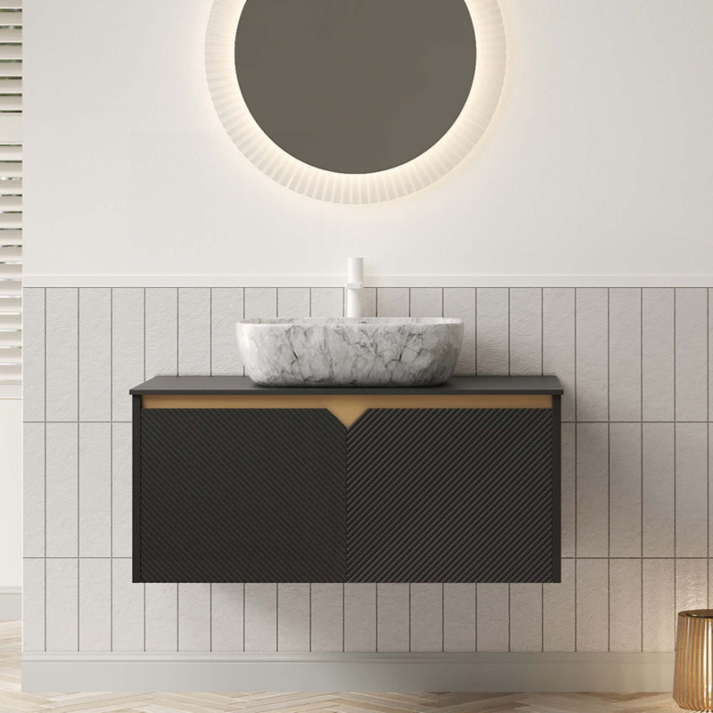 Meuble-lavabo et lavabo de salle de bain, armoire de rangement flottante murale en contreplaqué, portes doubles en sergé avec garniture en métal, vasque rectangulaire en céramique à motif marbré et plateau en pierre frittée