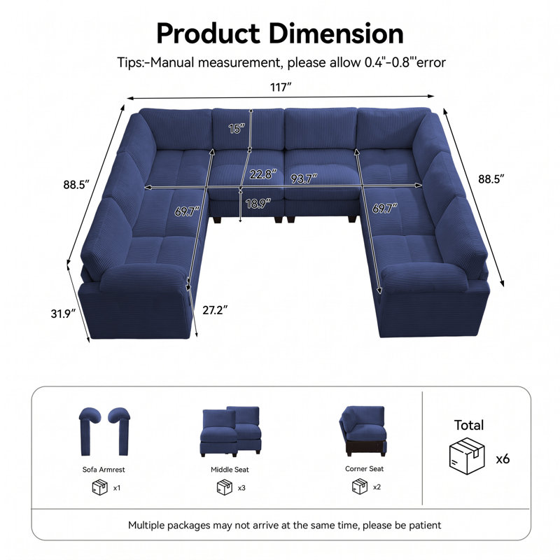 Canapé modulaire surdimensionné en U surdimensionné avec accoudoirs coussinés et coussins en velours côtelé, Bleu