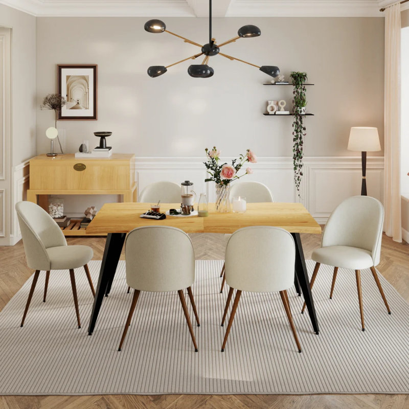 Modern 7-Piece Dining Set With 63" Wavy Edge Wood Table For 6–8 People, Beige, Brown