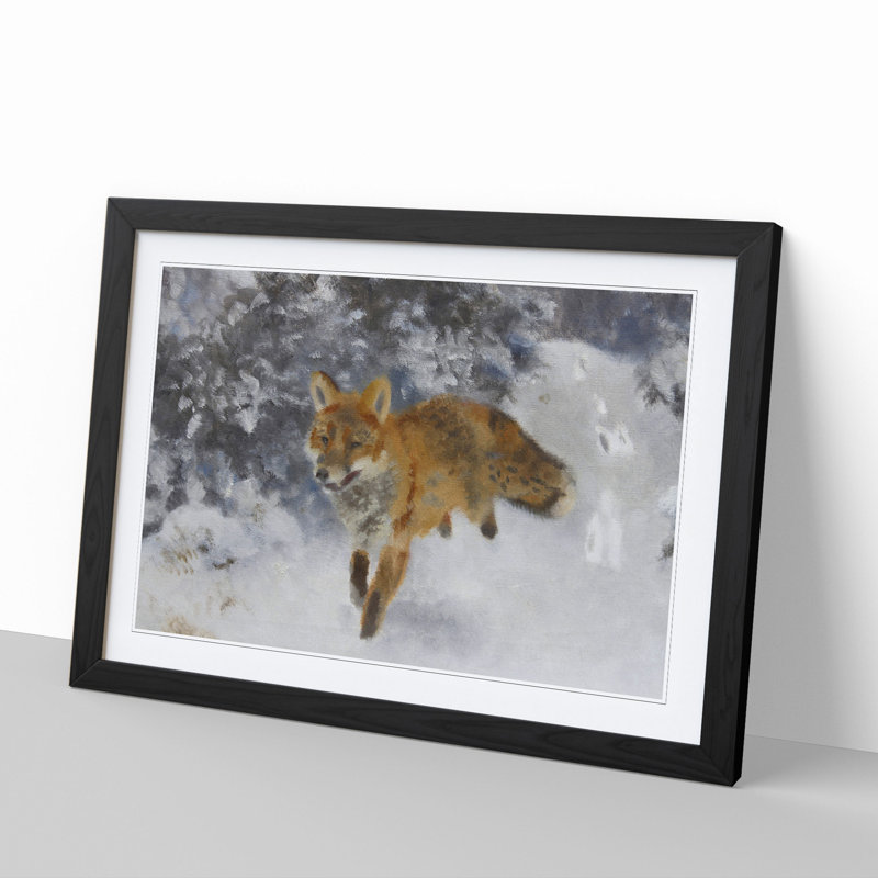 Fox in the Snow Vol.3 by Bruno Liljefors - Picture Frame Painting, 27cm H x 36cm W x 2cm D, Black Framed