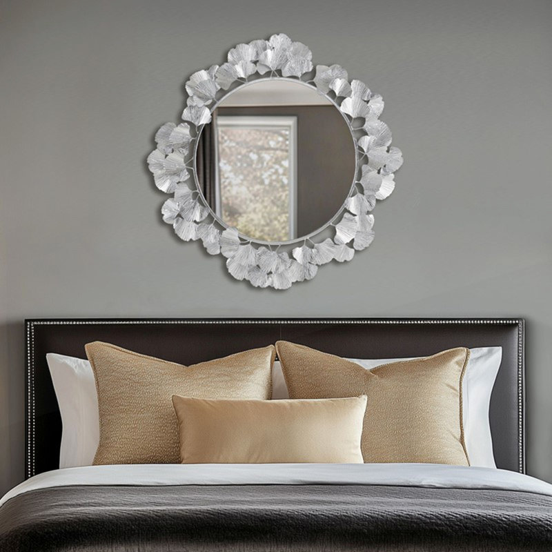 30.5"Eden Gingko Leaf Round Wall Mirror, Silver