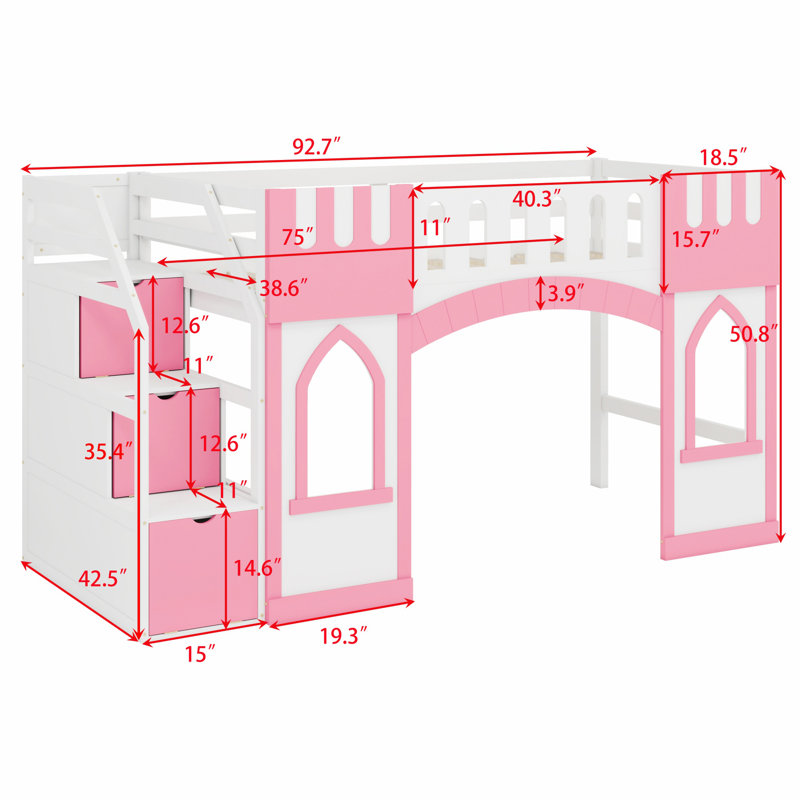 Loft Bed With Storage Staircase And Window, Pink