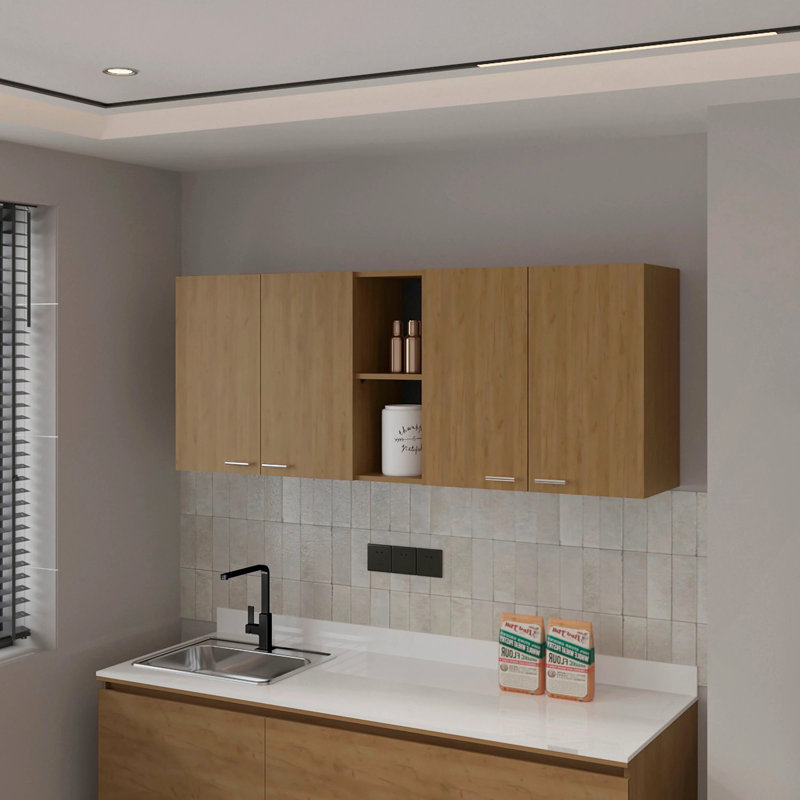 Armoire murale en chêne naturel naturel en mélamine avec 4 portes et rangement ouvert