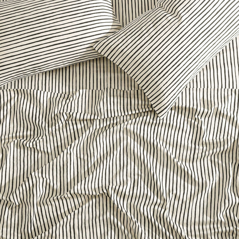 Marimekko Printed Organic Cotton Percale Sheet Sets, King Sheet Set with 2 Pillowcases, Black Striped