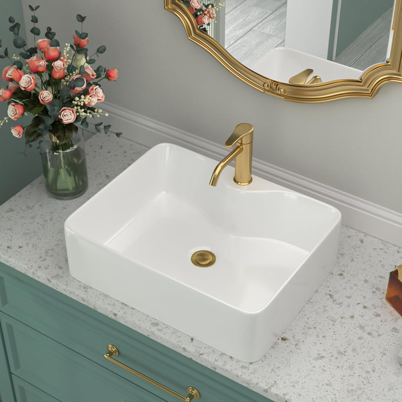 19“W x 15"D White Ceramic Rectangular Vessel Bathroom Sink with Faucet Hole