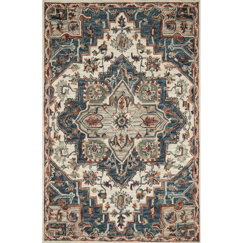 Tapis bleu en laine crocheté à la main Goncalvo, Tapis de couloir 2 pi 6 po x 7 pi 6 po