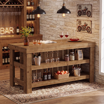 Table de bar en bois massif de 63 po avec tablettes de rangement et grand plan de travail, armoire à café Farmhouse pour bar à domicile, cuisine, salle à manger