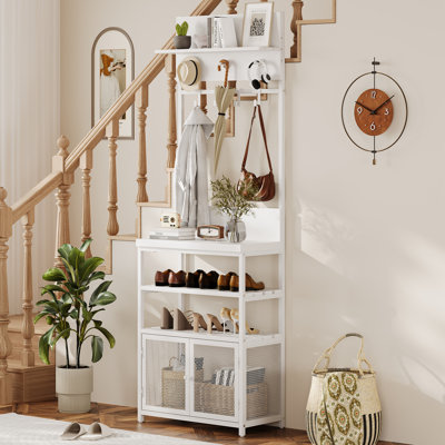 72.8in White Hall Tree with Iron Mesh Doors – 5-Tier Freestanding Coat Rack – Large Shoe Storage Shelf – Entryway Organizer with 7 Hooks – Space-Saving Living Room Furniture – Color: White